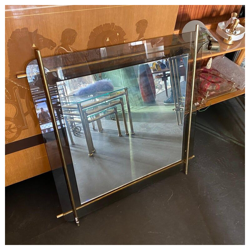 Vintage Modern Brass Console and Wall Mirror, Italian 1970s