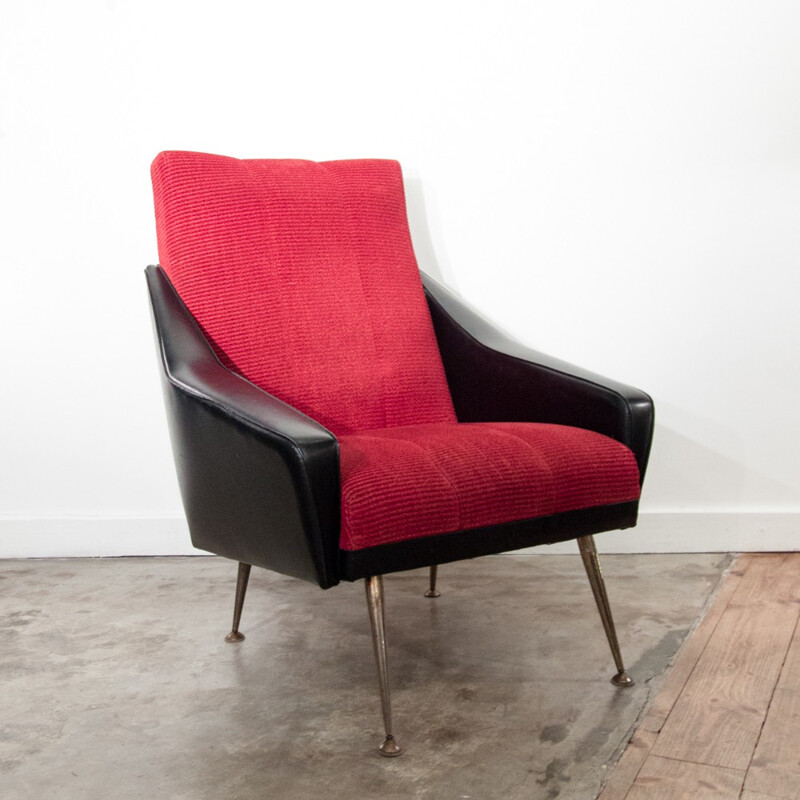 Armchair in black faux leather and red velvet - 1970s 