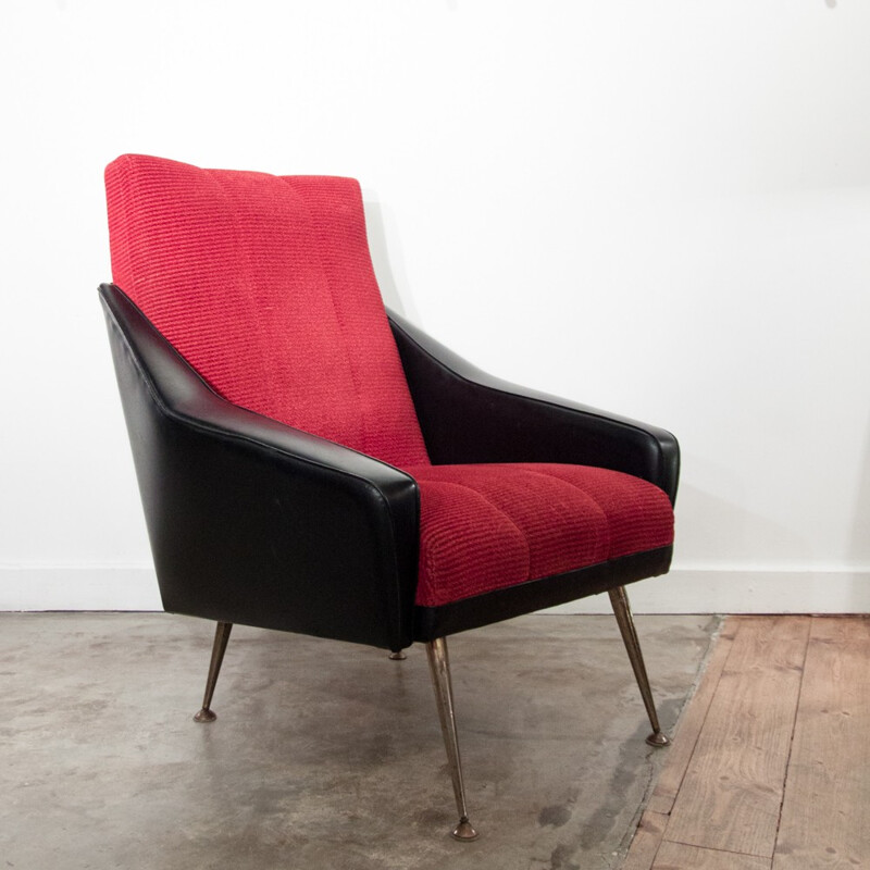 Armchair in black faux leather and red velvet - 1970s 