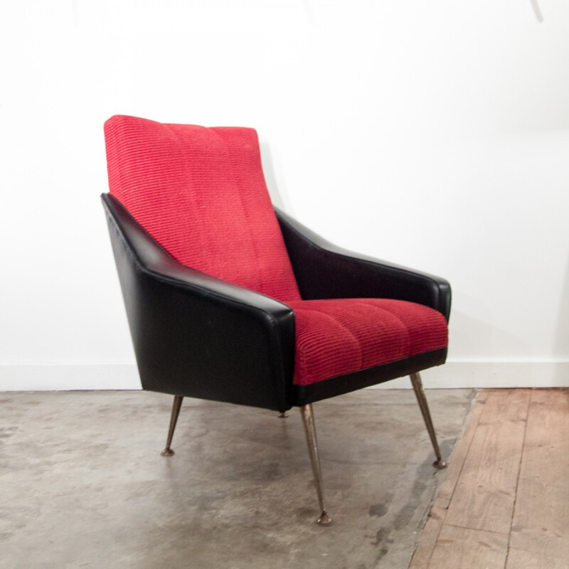 Armchair in black faux leather and red velvet - 1970s 
