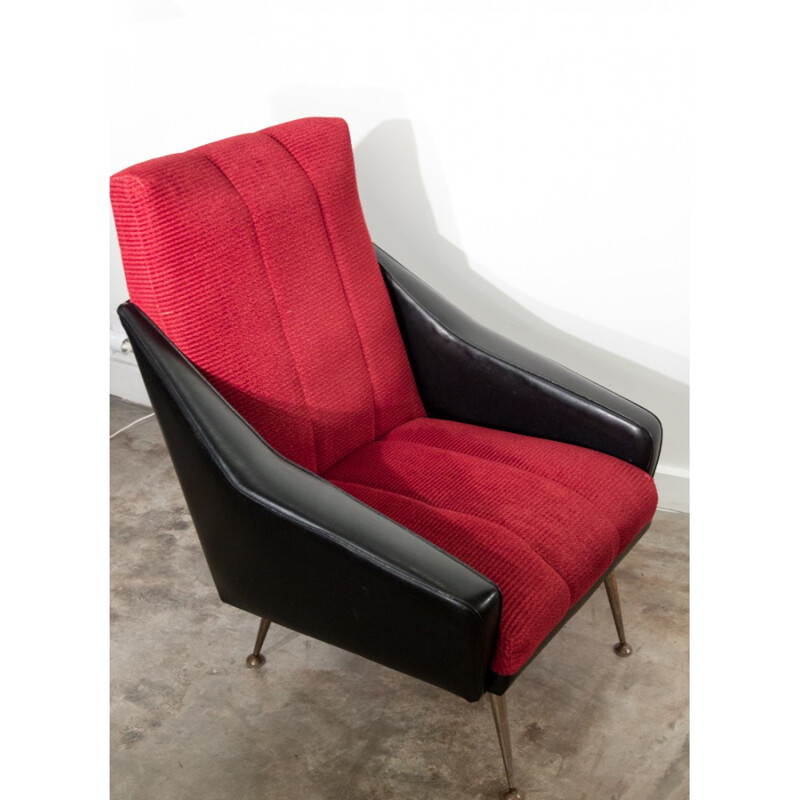 Armchair in black faux leather and red velvet - 1970s 