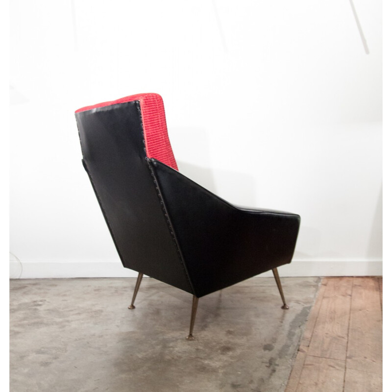 Armchair in black faux leather and red velvet - 1970s 