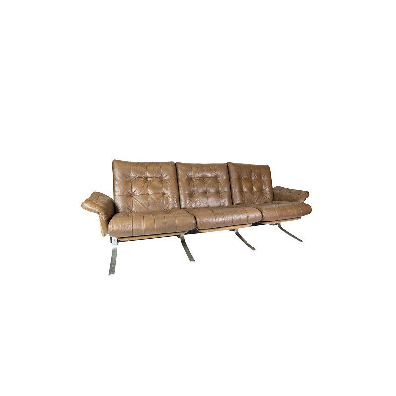 Vintage Three seater sofa upholstered with light brown leather and metal frame, Danish 1970s