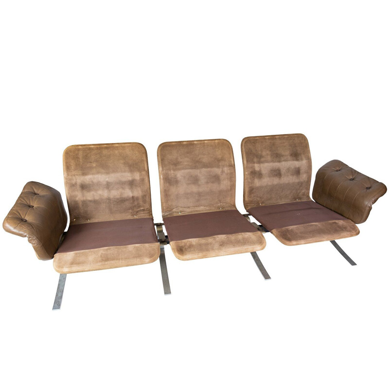 Canapé vintage trois places rembourré en cuir brun clair et cadre en métal, Danois 1970