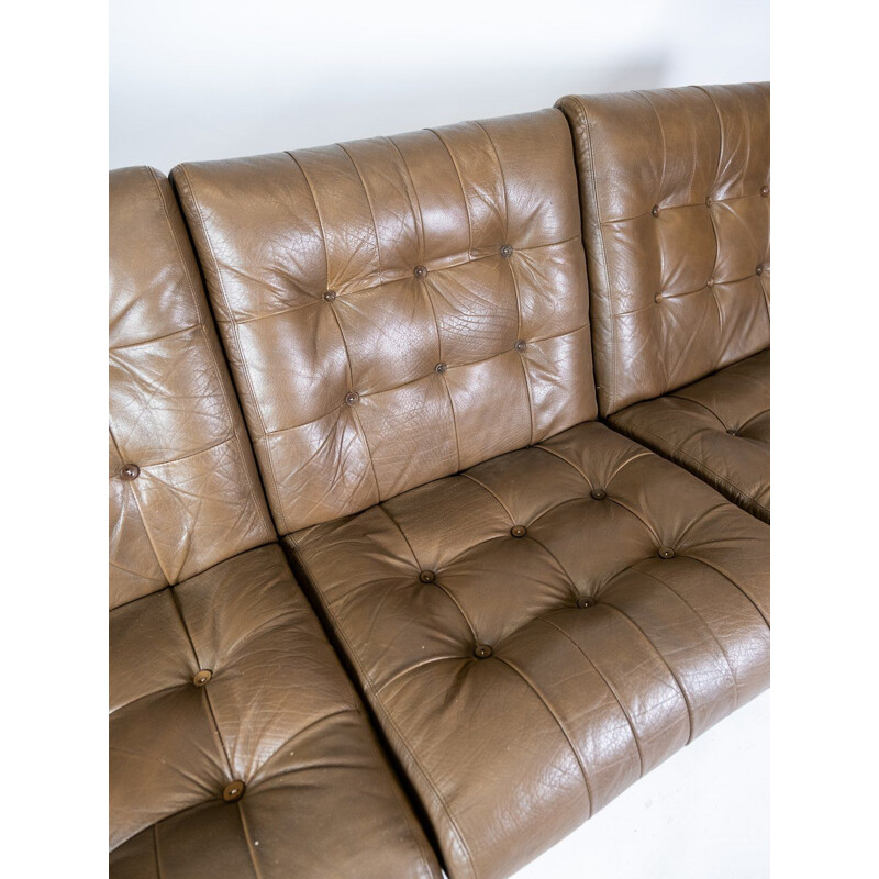 Vintage Three seater sofa upholstered with light brown leather and metal frame, Danish 1970s