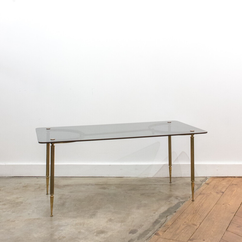 Coffee table in golden metal and smocked glass - 1950s