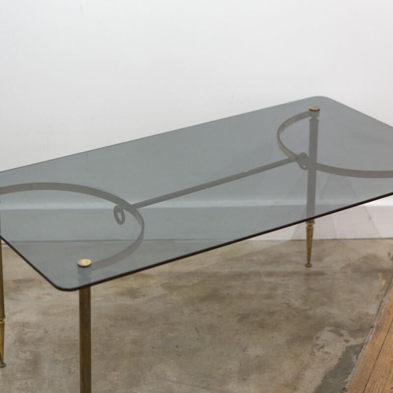 Coffee table in golden metal and smocked glass - 1950s