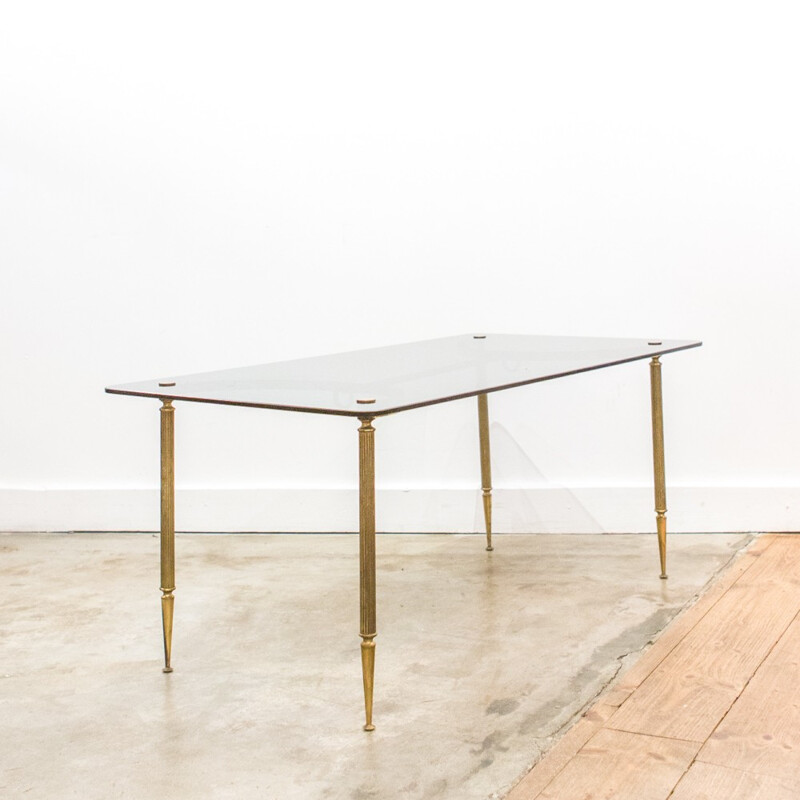 Coffee table in golden metal and smocked glass - 1950s