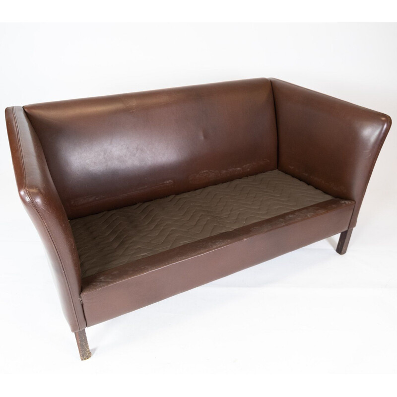 Vintage dark brown leather upholstered 2-seater sofa by Stouby Furniture, Denmark 1960