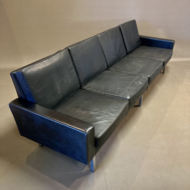 Vintage 4 seater black leather sofa 1950s