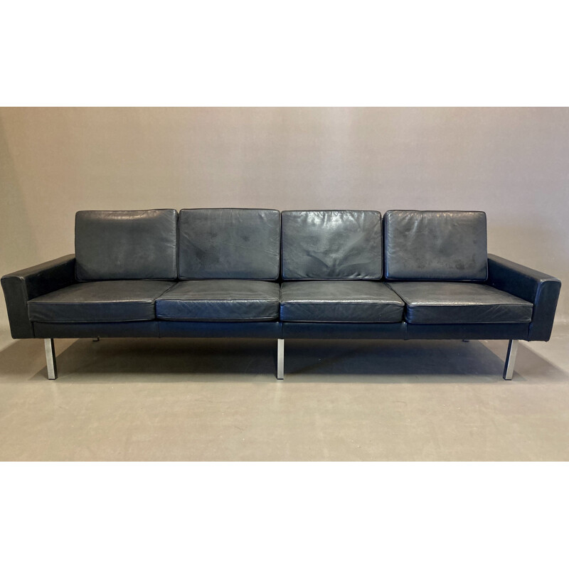 Vintage 4 seater black leather sofa 1950s