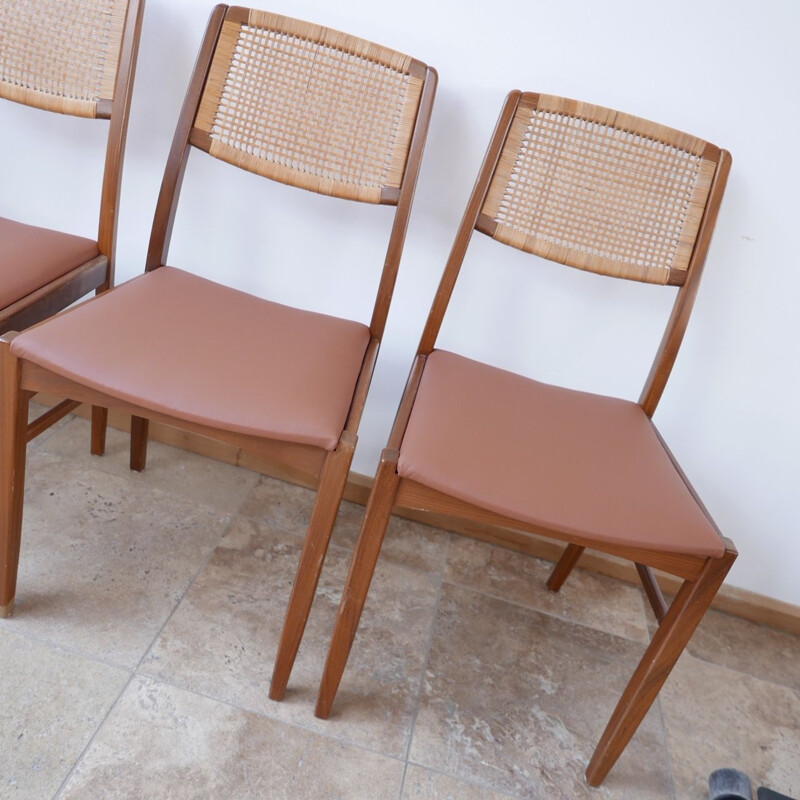 Set of 6 vintage Teak and Tan Leather Dining Chairs, Danish