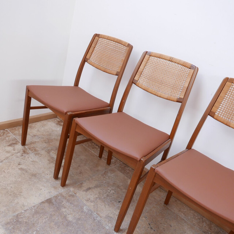 Conjunto de 6 cadeiras de madeira de teca vintage e couro bege, dinamarquesas
