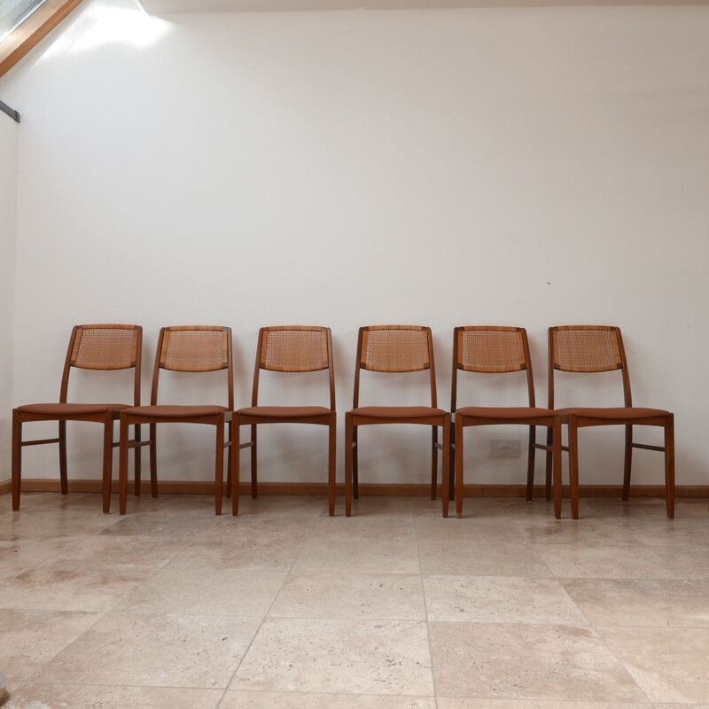 Conjunto de 6 cadeiras de madeira de teca vintage e couro bege, dinamarquesas