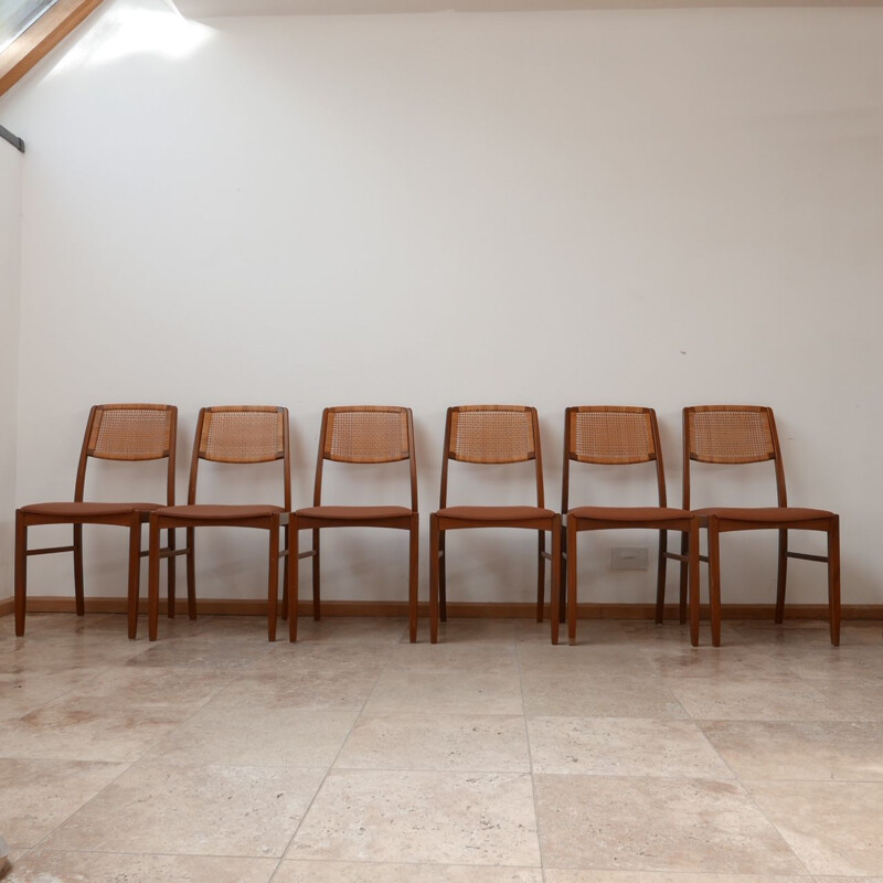 Set of 6 vintage Teak and Tan Leather Dining Chairs, Danish