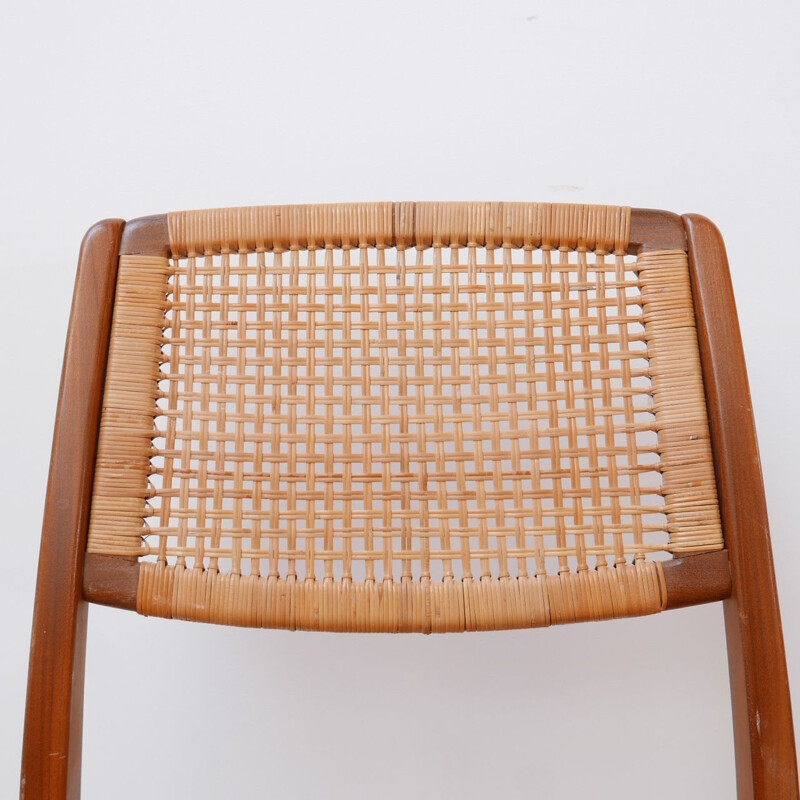 Set van 6 vintage teakhouten en beige leren stoelen, Deens