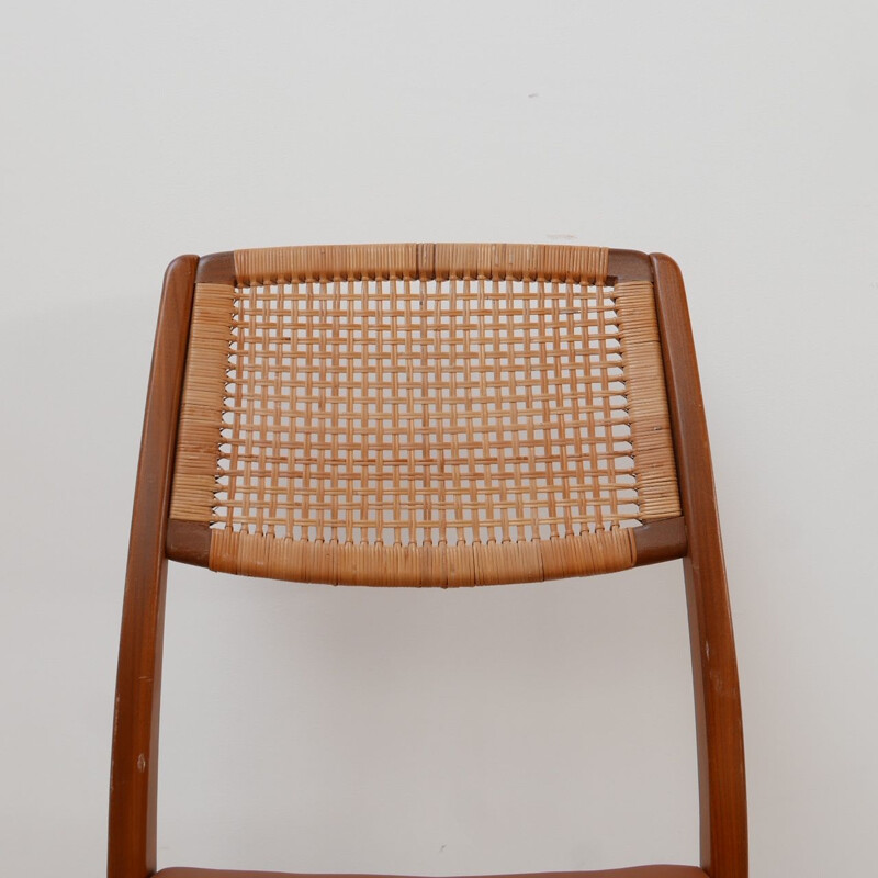 Set van 6 vintage teakhouten en beige leren stoelen, Deens