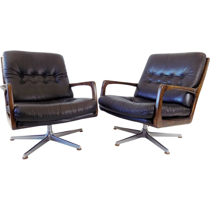 Pair of vintage black leather armchairs by Eugen Schmidt for Soloform, German 1960s