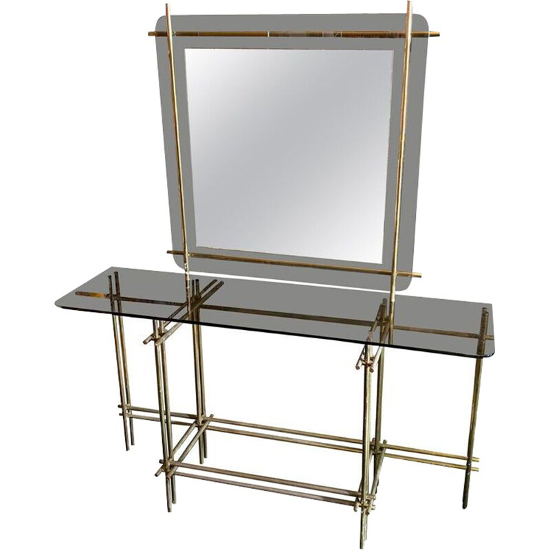 Vintage Modern Brass Console and Wall Mirror, Italian 1970s