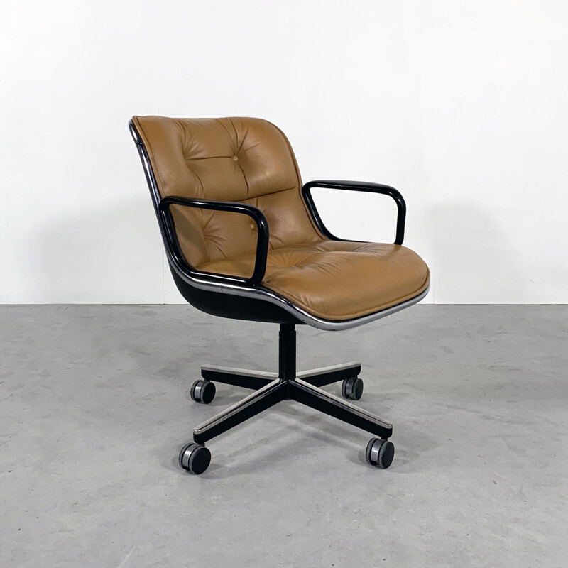 Vintage Camel Leather Office Chair on wheels by Charles Pollock for Knoll 1970s