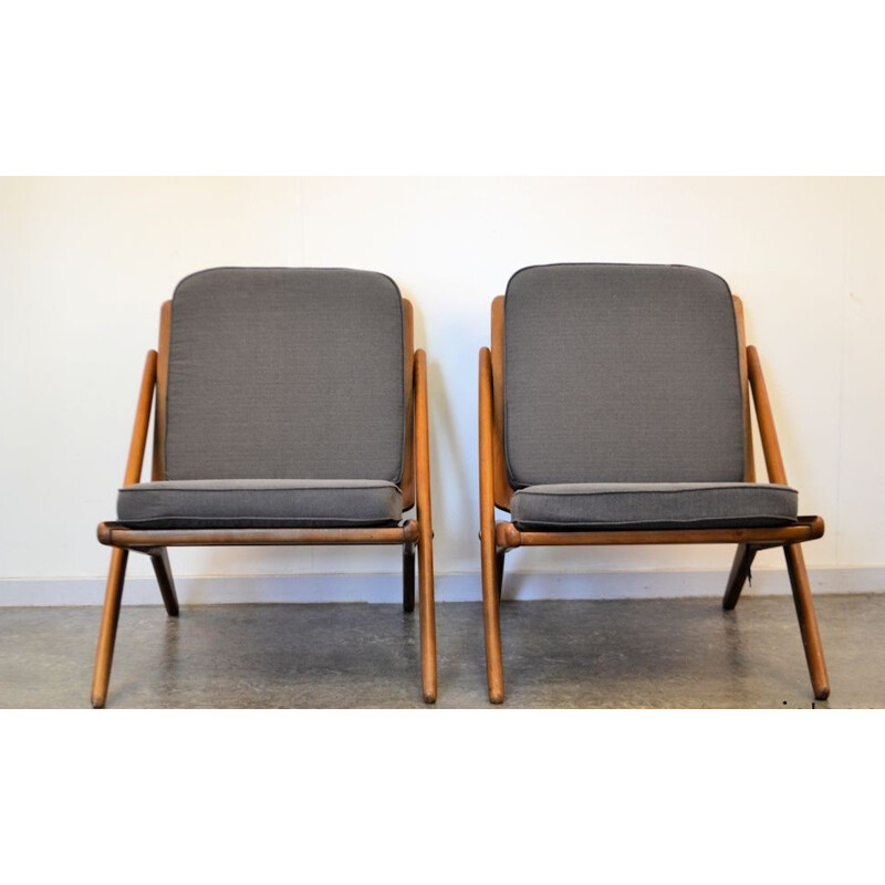 Pair of Jutex "Scissors" lounge chairs in teak and dark grey fabric, Arne Hovmand OLSEN - 1960s