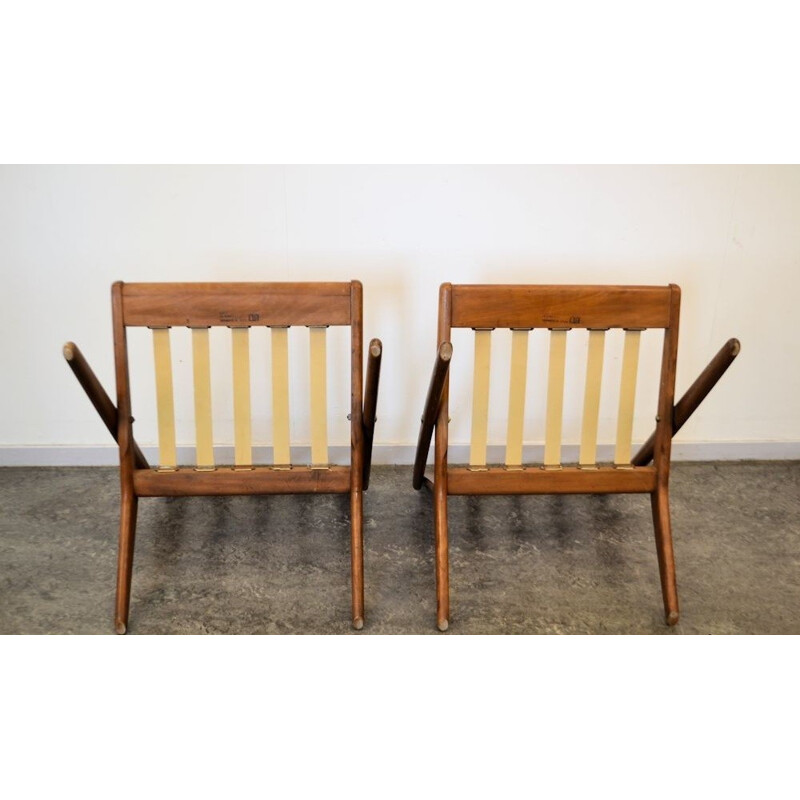 Pair of Jutex "Scissors" lounge chairs in teak and dark grey fabric, Arne Hovmand OLSEN - 1960s