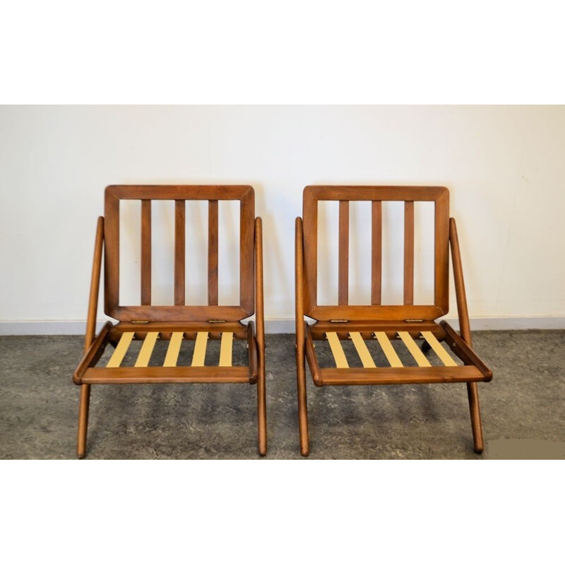 Pair of Jutex "Scissors" lounge chairs in teak and dark grey fabric, Arne Hovmand OLSEN - 1960s