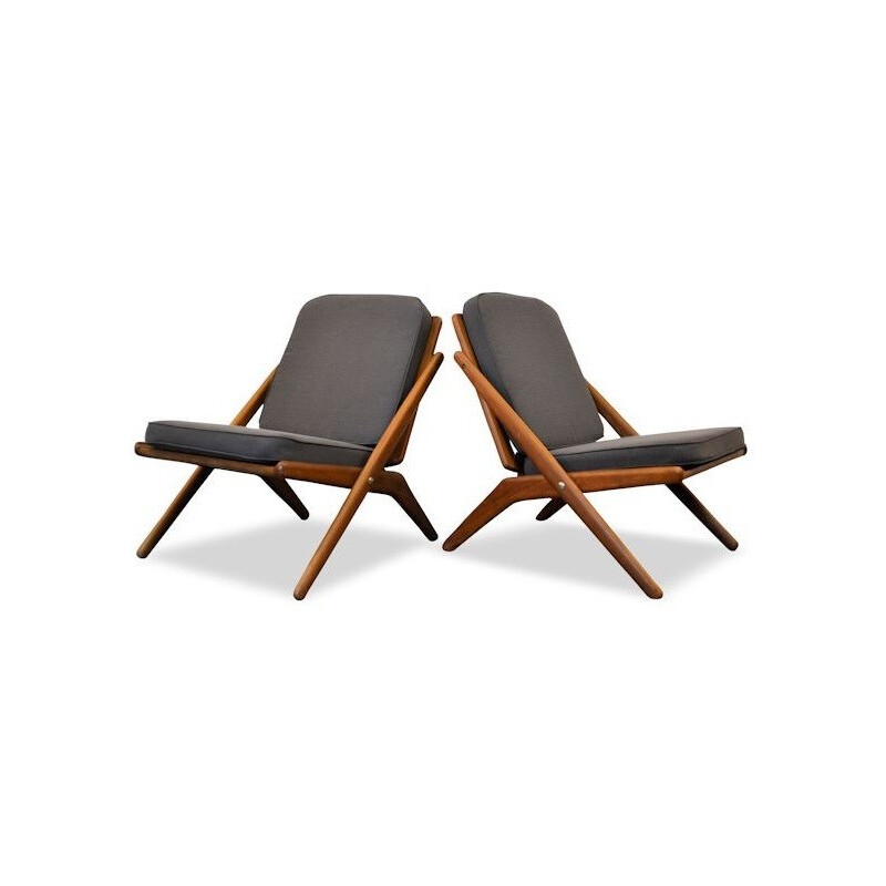 Pair of Jutex "Scissors" lounge chairs in teak and dark grey fabric, Arne Hovmand OLSEN - 1960s