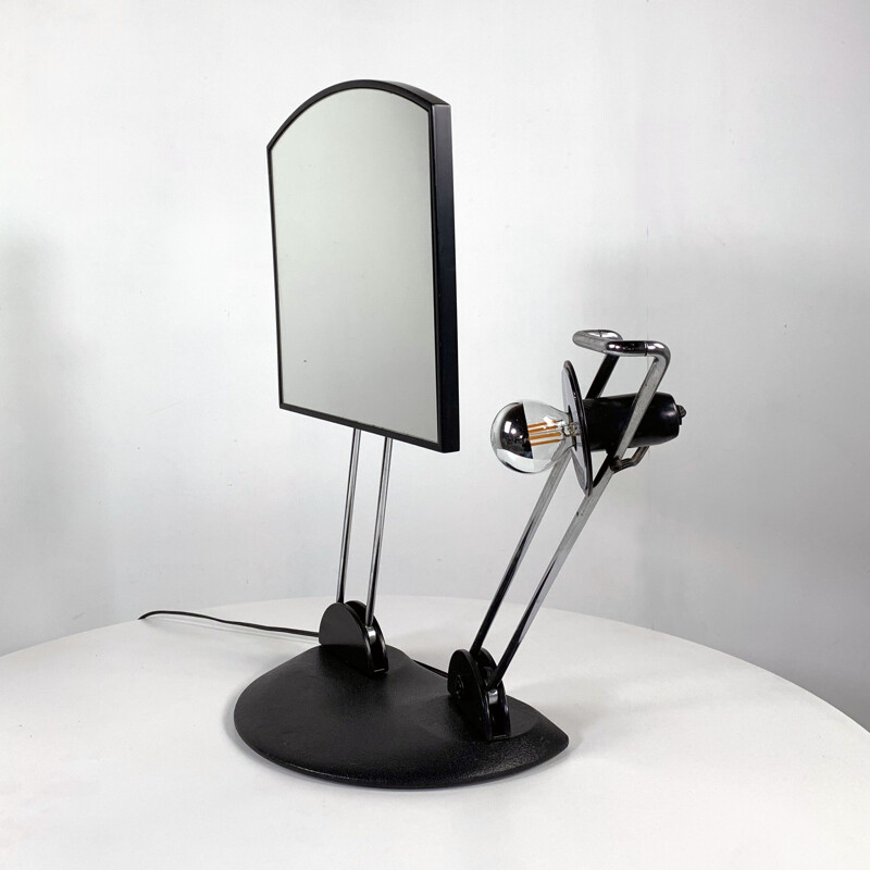 Vintage adjustable table mirror and light with cast iron base 1980s