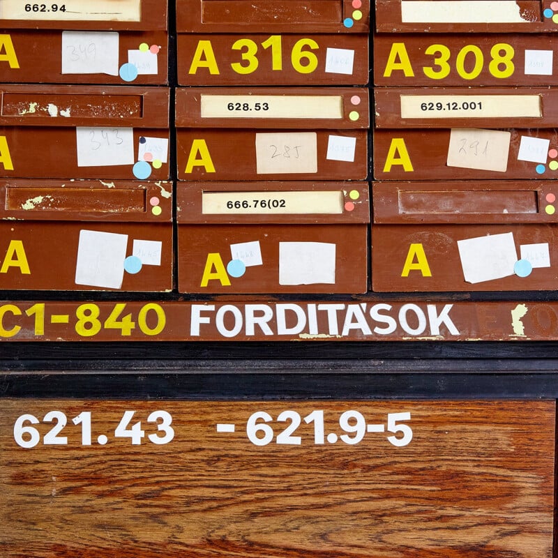 Armoire à cartes vintage de bibliothèque en bois, 1970