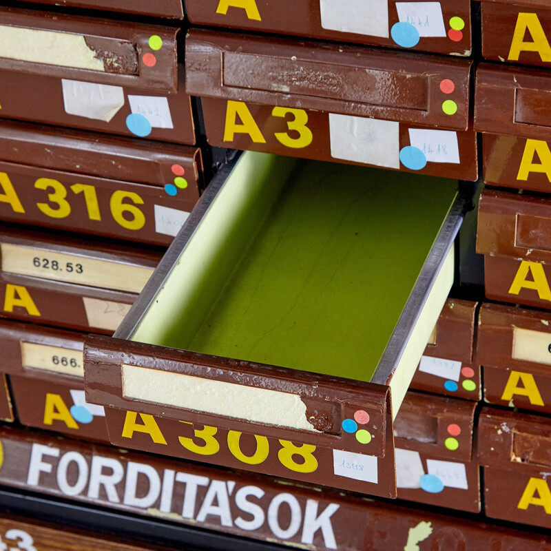 Armário de cartão da biblioteca em madeira Vintage, 1970