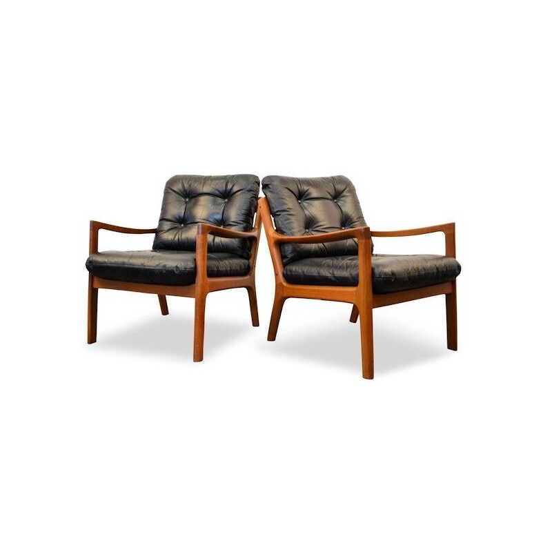 Pair of Cado easy chairs in solid teak and black leather, Ole WANSCHER - 1960s