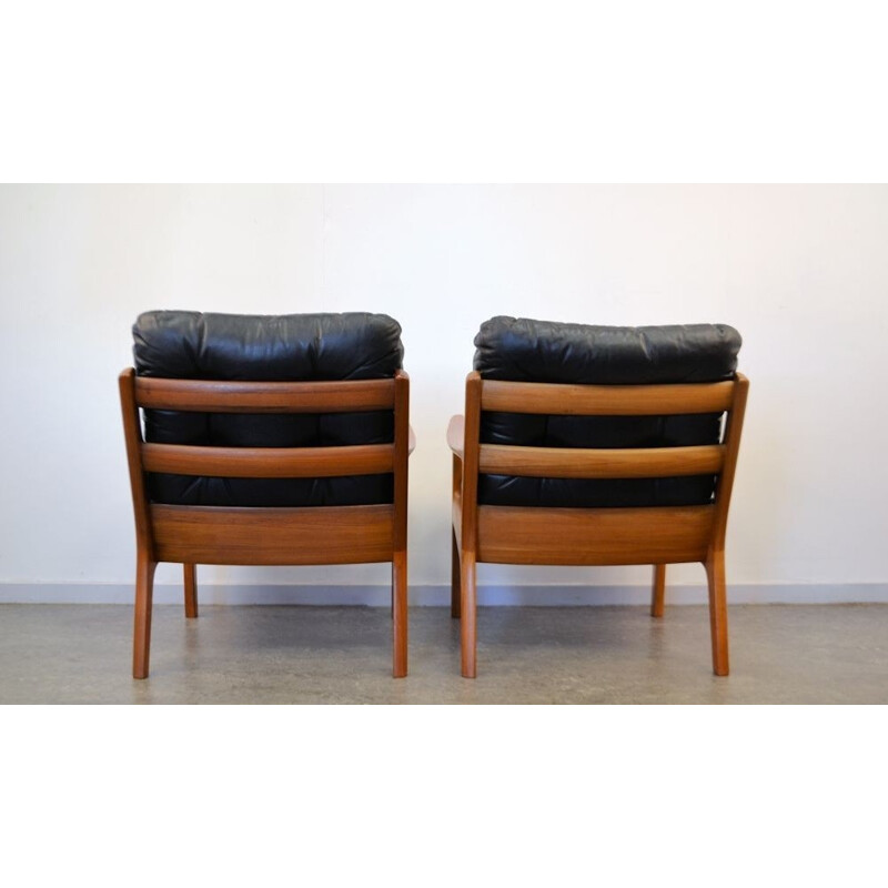 Pair of Cado easy chairs in solid teak and black leather, Ole WANSCHER - 1960s