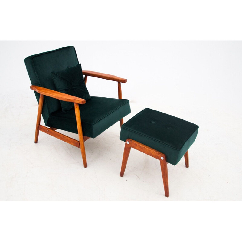 Fauteuil vintage en hêtre avec repose-pieds, Pologne 1960