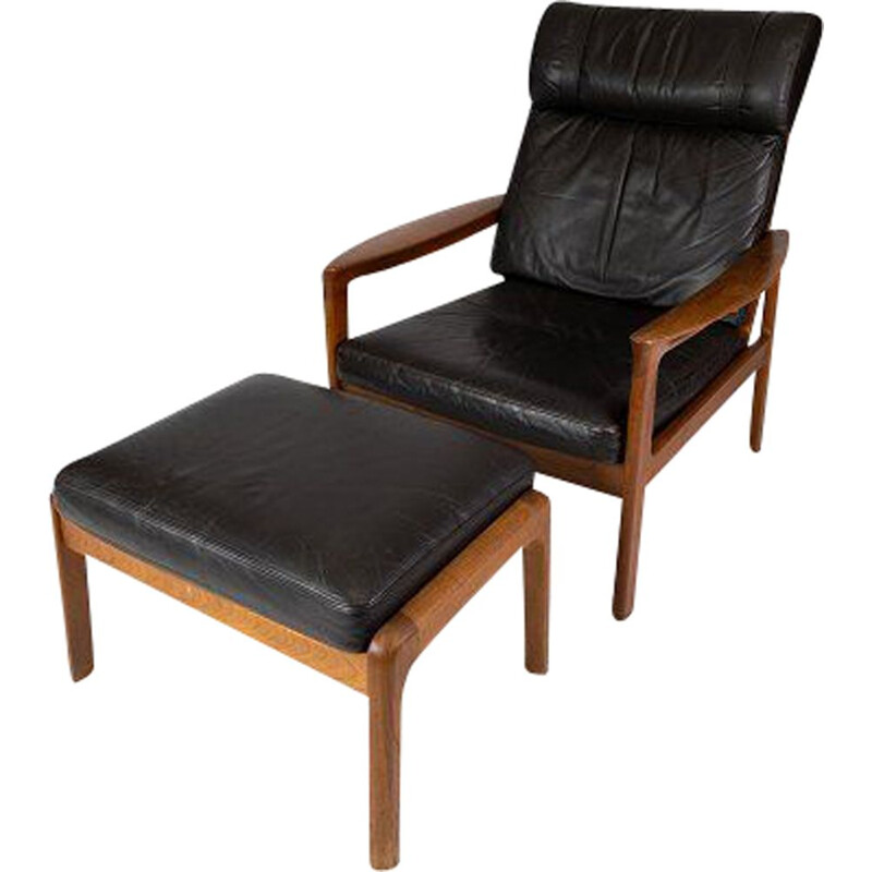 Poltrona vintage con sgabello in teak rivestito in pelle nera di Arne Vodder per Komfort, 1960