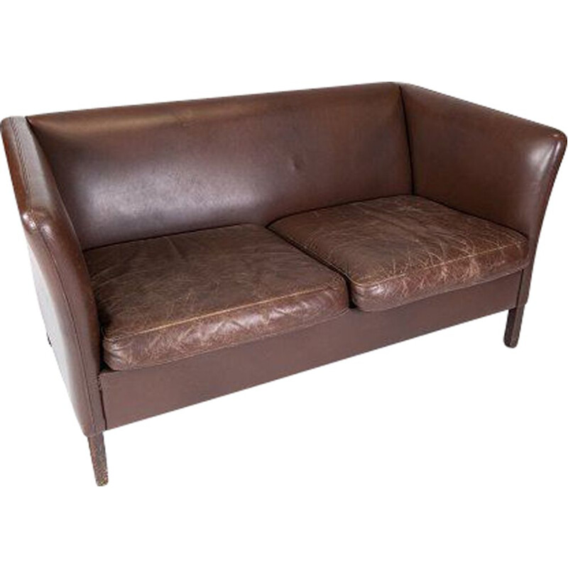 Divano imbottito vintage a 2 posti in pelle marrone scuro di Stouby Furniture, Danimarca 1960