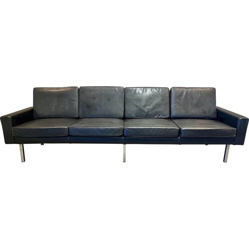 Vintage 4 seater black leather sofa 1950s