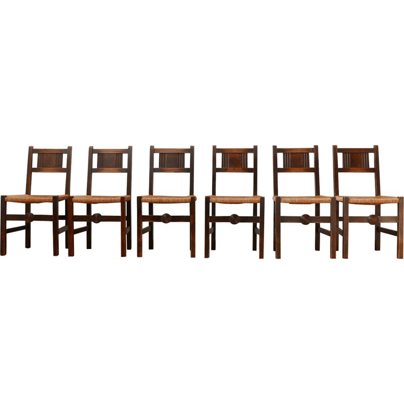 Set of 6 vintage rush chairs by Charles Dudouyt, France 1940