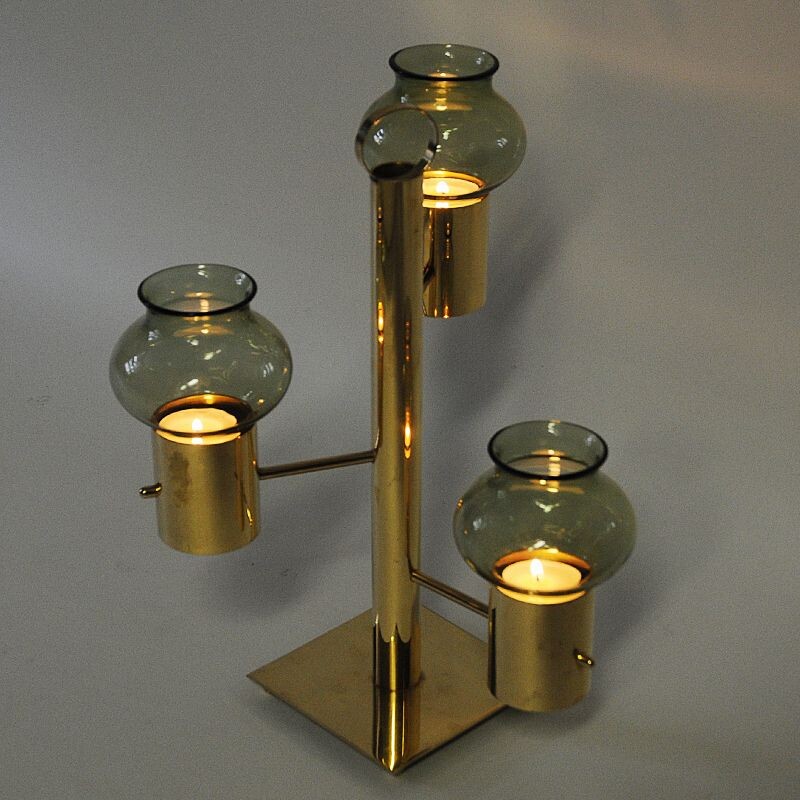 Vintage Brass Candleholder three arms with green glass Colseth, Norwegian 1960s