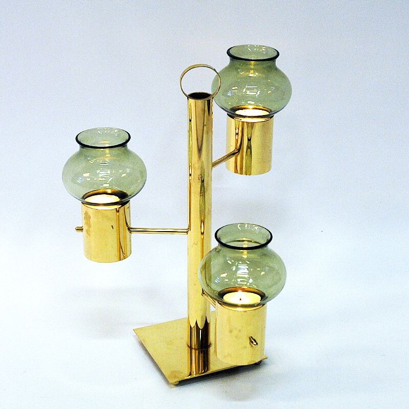 Vintage Brass Candleholder three arms with green glass Colseth, Norwegian 1960s