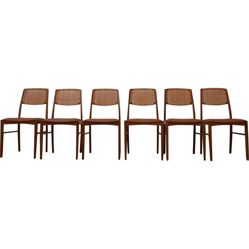 Set of 6 vintage Teak and Tan Leather Dining Chairs, Danish