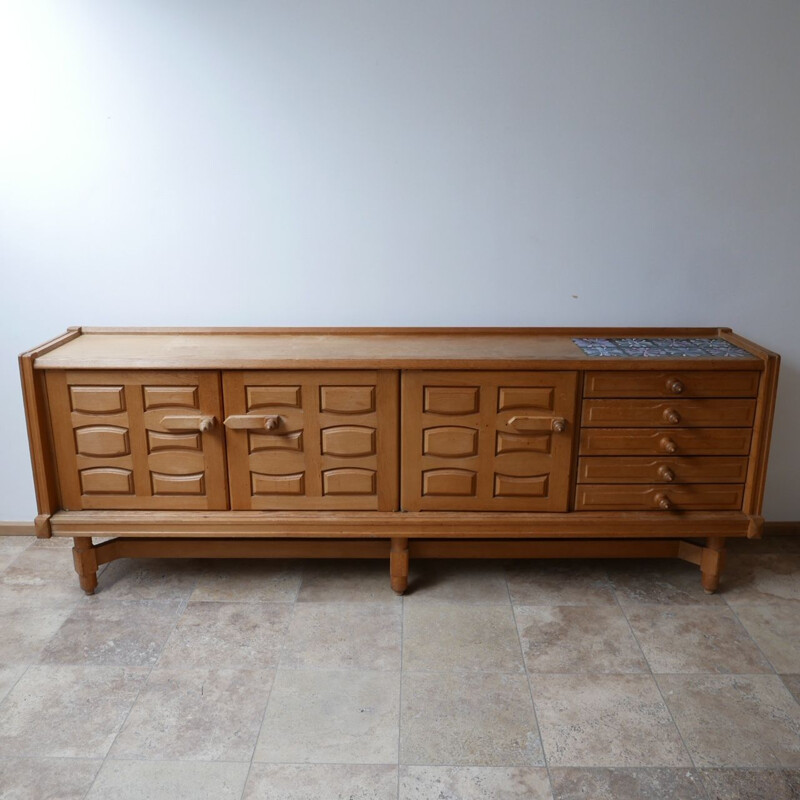 Vintage Oak and Ceramic Credenza Sideboard by Guillerme et Chambron, French 1960s