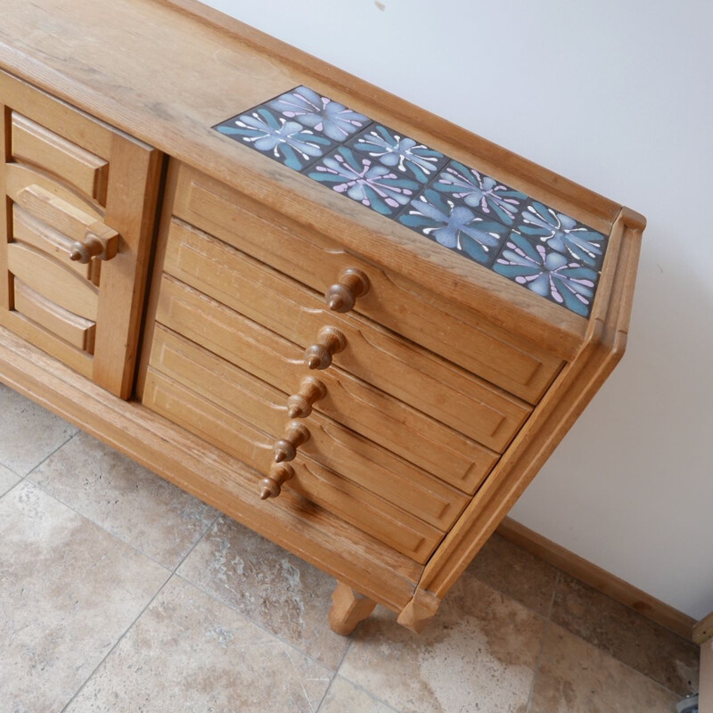 Vintage Oak and Ceramic Credenza Sideboard by Guillerme et Chambron, French 1960s