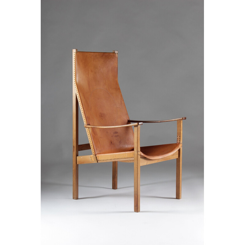 Fauteuil scandinave en hêtre et cuir brun clair, Egon JONASON - 1960