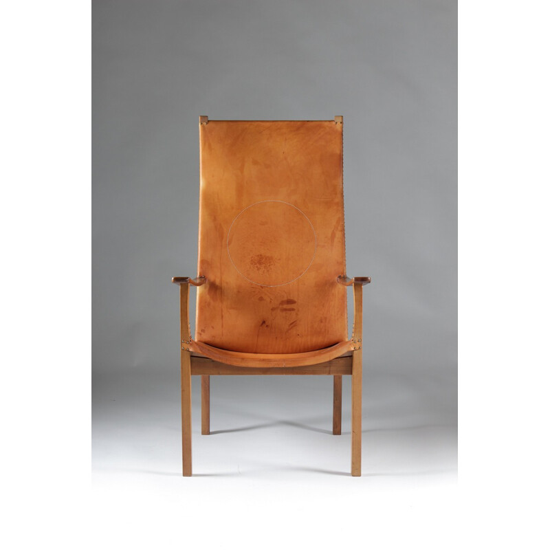 Fauteuil scandinave en hêtre et cuir brun clair, Egon JONASON - 1960