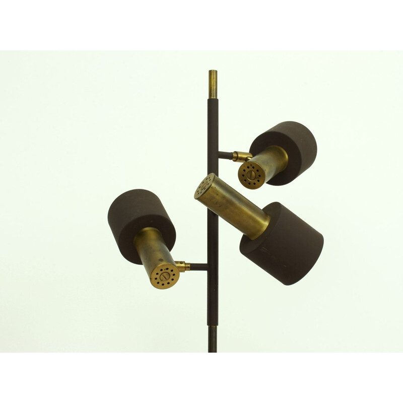 Vintage Brass & Brown Lacquered Metal 3-Arm Floor Lamp by Johannes Hammerborg for Fog & Morup, Danish 1960s