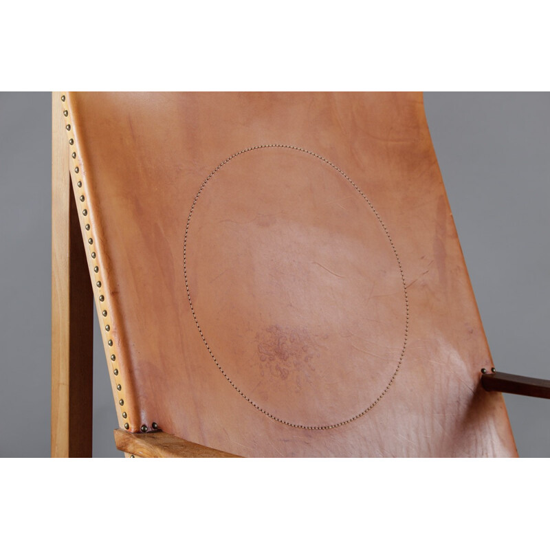 Light brown Scandinavian armchair in beech and leather, Egon JONASON - 1960s