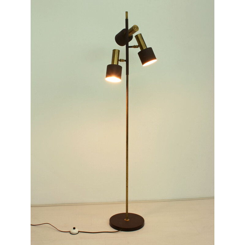 Vintage Brass & Brown Lacquered Metal 3-Arm Floor Lamp by Johannes Hammerborg for Fog & Morup, Danish 1960s
