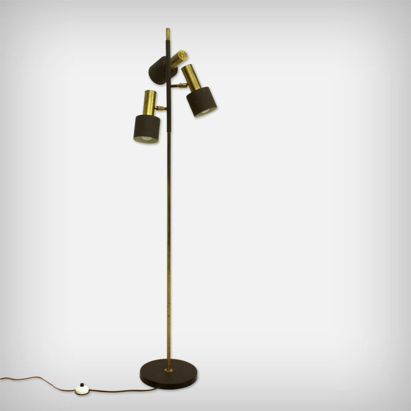 Vintage Brass & Brown Lacquered Metal 3-Arm Floor Lamp by Johannes Hammerborg for Fog & Morup, Danish 1960s