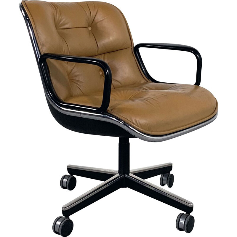 Vintage Camel Leather Office Chair on wheels by Charles Pollock for Knoll 1970s